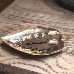 Vintage Gold Metal Scalloped Leaf Shaped Ashtray Trinket Dish